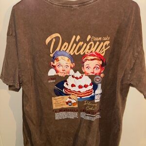 Brown Graphic T-Shirt with Cake Design